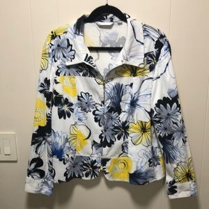Light Weight Multi Color Flowered Blazer in White, Blues, Black and Yellow Tones